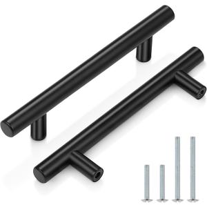 Probrico 30 Pack| 6-2/5 Inch Black Cabinet Handles with 4 Inch Hole Center Stainless Steel Cabinet Pulls Round T Bar Kitchen Cabinet Hardware Door Handles, Drawer Dresser Pulls102mm Hole Centers