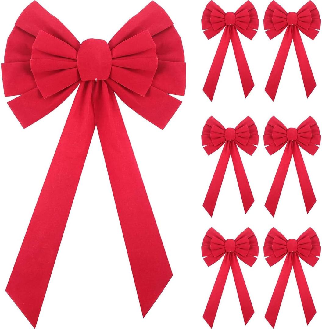 WILLBOND 6 Pieces Large Bow Velvet Christmas Bows Hanging Holiday Xmas Bows for Christmas Wreaths Decoration or Tree Toppers Indoor Decor Party Supply, 9.8 x 17.7 Inch(Red) (Red)
