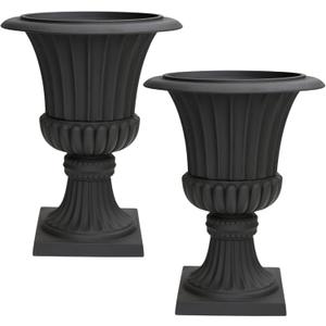 Urn Planters 22", Set of 2, Tall Stone-Resin Pedestal Planters for Outdoor Plants, Large Front Porch Decor, Patio Garden Pots, Outdoor Urns for Entryway, Porch & Deck, Black Plant Pot