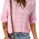 Dokotoo Women's Casual Short Sleeve Loose Tunic Tops Lightweight Crochet Knit Summer Sweaters Blouses (Pink, XL)