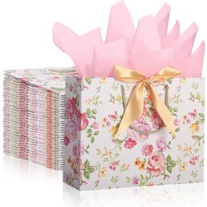 Kolldenn 20 Pack 12.6 Inch Mother's Day Floral Gift Bags with Tissue Paper, Large Pink Rose Vintage Flower Thank You Bags for Mom, Grandma, Teacher Appreciation, Elegant Gift with Bow & Handles