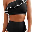 Herseas Women's One Shoulder Bikini Sets Color Block Trim Ruffle Hem Swimsuits Elegant Bathing Suits (Black, XS)