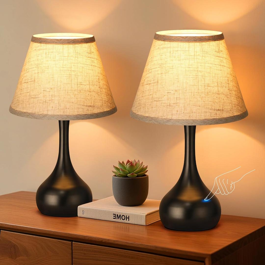 17 Touch Table Lamp for Bedroom Set of 2, 3-Way Dimmable Bedside Lamp for Nightstand, Farmhouse Metal Desk Lamp with Linen Shade for Living Room, Kids Reading, Dorm, Home Office Decor, Bulb Included
