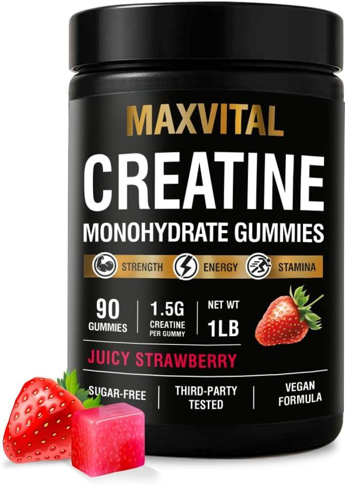 Creatine Monohydrate Gummies 1500 mg Juicy Strawberry Chewable Pre-Workout for Strength & Muscle Support Vegan, Sugar-Free & Halal for Men & Women 90 Gummies