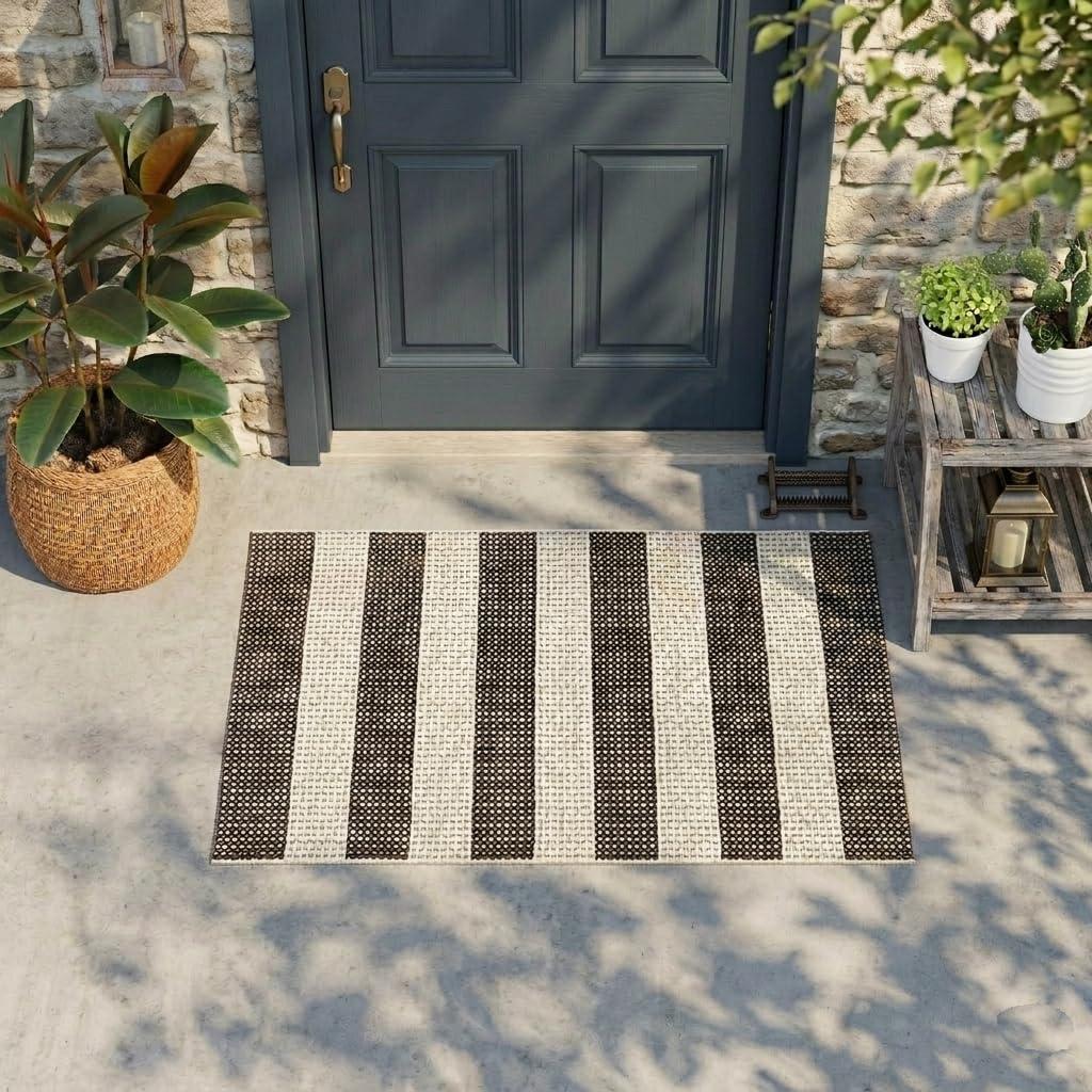 LEEVAN Outdoor Patio Rug 3x5, Washable Striped Front Porch Mat, Spring Colorful Outside Entryway Rug, Woven Welcome Doormat Black and White Buffalo Backyard Layered Mat for Entrance/Go Away/Deck