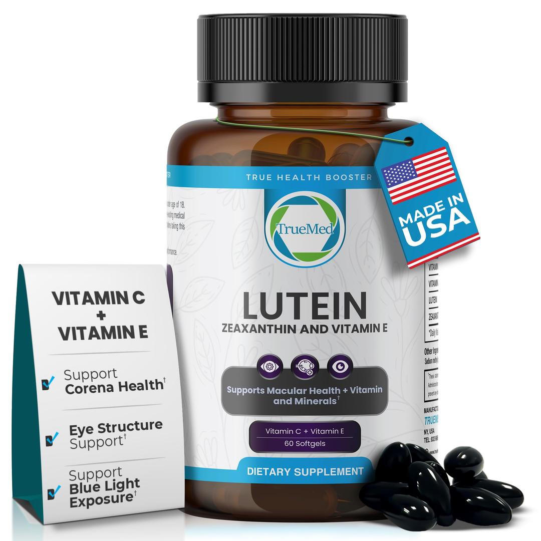 TRUEMED Lutein Vitamin C + Vitamin E 20mg Lutein with 4mg Zeaxanthin Eye Health Support Blue Light & UV Protection Supports Macular & Retinal Function 60 Softgels USA Made GMP Certified. Bbd 12/2026