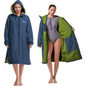 Hiturbo Warm Waterproof Swim Parka: Oversized Hooded Changing Robe - Sherpa Liner Swimming Coat - Recycled Fabric Surf Poncho (Navy)  110 x 80 cm / 43 x 31.5 inches za