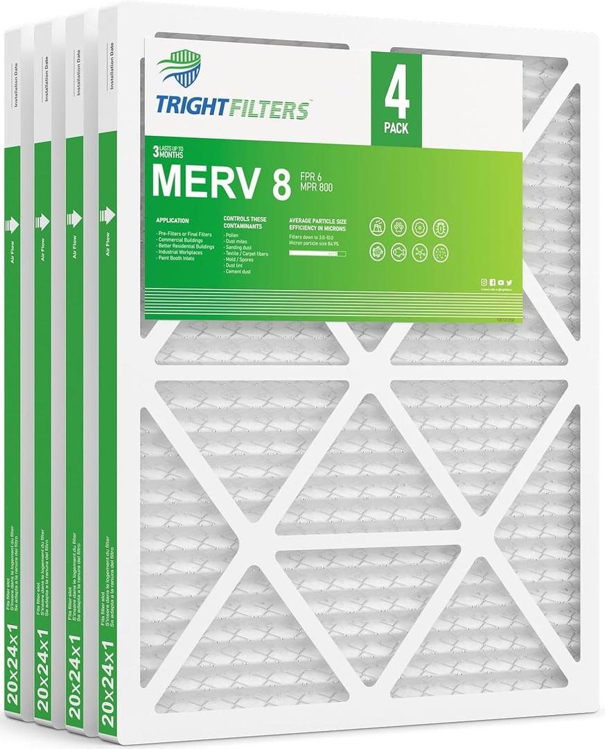 TRIGHTFILTERS 20x24x1 Air Filter 4 Pack, MERV 8 Pleated HVAC Furnace Filter