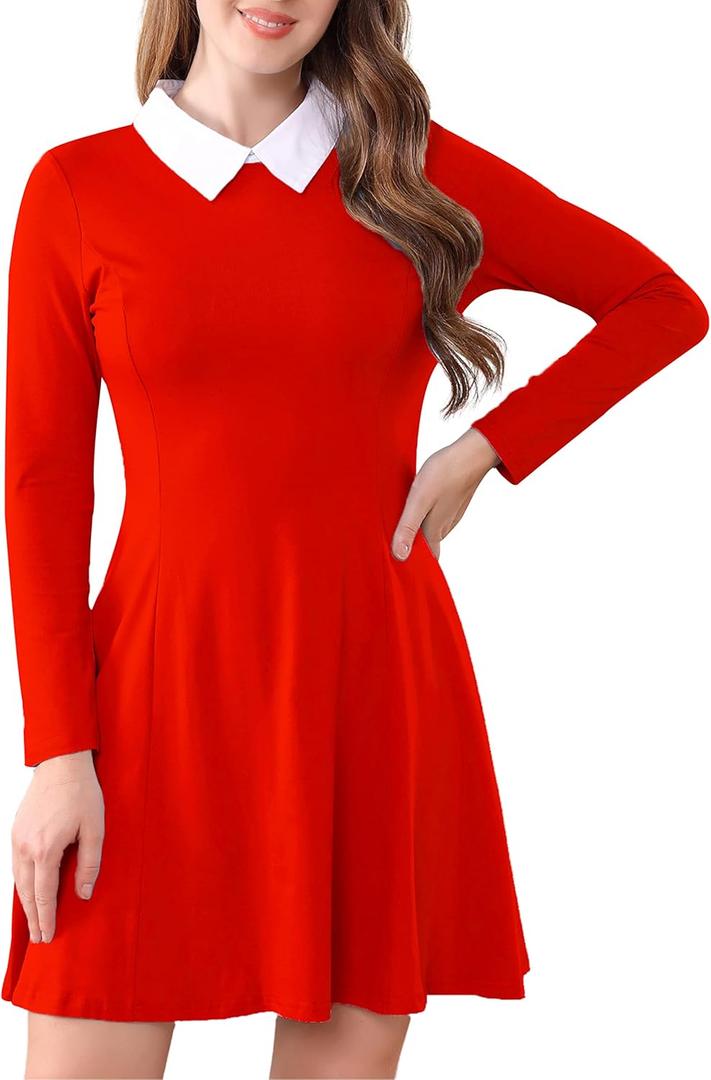 Aphratti Women's Long Sleeve Fall Dresses 2025 Casual Peter Pan Collar A Line Fit and Flare Skater Goth Dress (Red), Size: X-Large