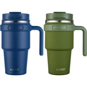 ALOUFEA 20 oz Insulated Coffee Mug Tumbler with Handle, Stainless Steel Travel Mug Tumbler with Lid and Straw, Double Wall Vacuum Leak Proof Ice Coffee Thermal Cup, Navy and Army Green