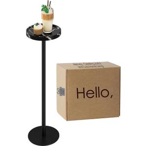 Drink Table, Small Pedestal Side Table, Round Cocktail Table, Circle Accent End Table with Metal Base, for Small Spaces (1, Black Marble)