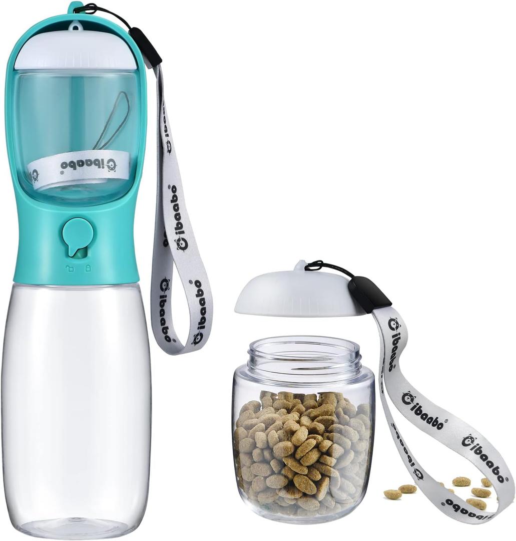 Dog Water Bottle with Food Container, Travel Puppy Water Bowl, Portable Pet Dispenser, Dog Stuff Accessories Items, Puppy Essentials Necessities for Yorkie Chihuahua Cat Walking and Hiking (19oz, #07 Green)