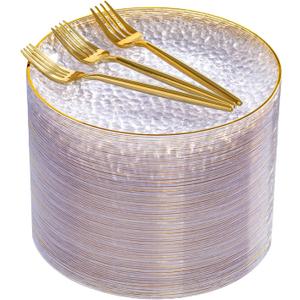 DaYammi 240Pcs Gold Plastic Plates Including 120Pcs Dessert Plates and 120Pcs Cake Forks,Hammered Party Plate,Clear Gold Appetizer plates Heavy duty Disposable Plastic Plate for Party Wedding Birthday