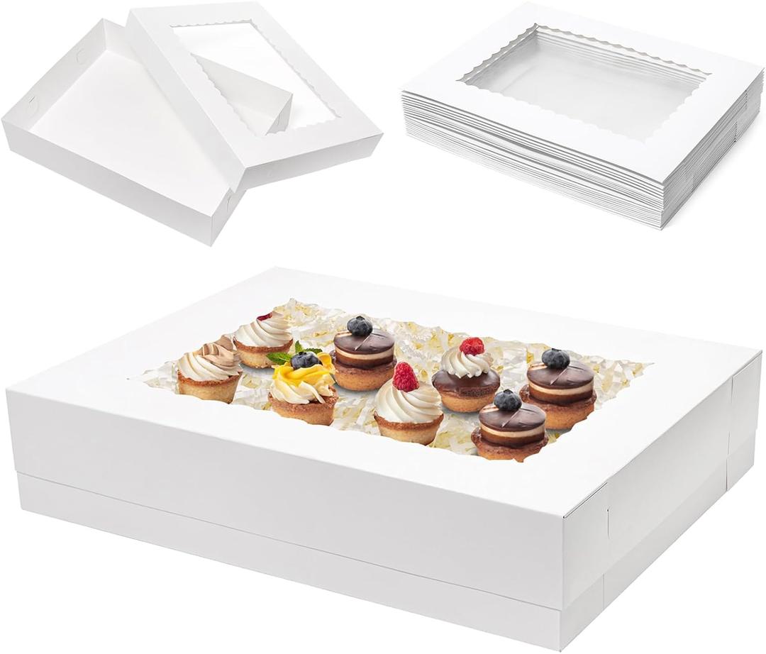 Mefleet 25pcs 19x14x4 Half Sheet Cake Boxes with Window Rectangle 1/2 Sheet Bakery Boxes for Pastry Baking Cake, Cupcakes, Donuts, Cookies, Pie Treat Packaging White Large