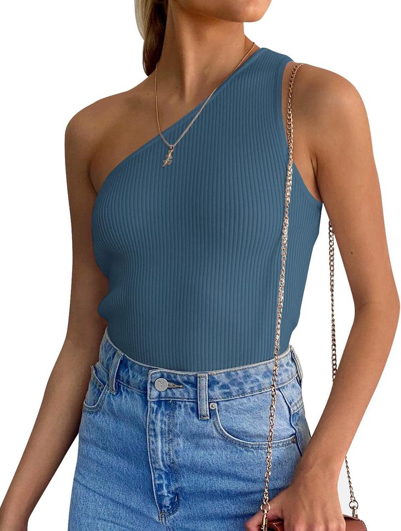 ZESICA Women's One Shoulder Tank Summer Sleeveless T Shirt Ribbed Knit Slim Fit Sexy Casual Basic Tee Tops (S)