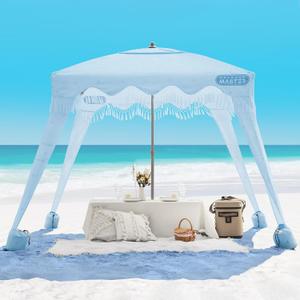 OutdoorMaster Beach Cabana with Fringes, Portable 6' x 6' Beach Canopy for Sand, Easy Set Up Beach Shelter, Included Side Wall, UPF 50+ UV Protection Sun Umbrella - for Family & Friends (Wave Point)