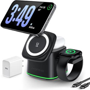 3 in 1 Charging Station for Apple Devices, Charger Stand for MagSafe, Qi2 15W Wireless Charging Station for Apple Watch& iPhone & AirPods& iWatch (with PD 30W Adapter) (Black)