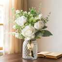 JOHOUSE 12.5inch Artificial Flowers Bulks in Vase, White Fake Roses in Vase Lifelike Faux Flower Arrangement for Wedding Home Table Centerpieces