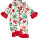 FULA-bao Newborn Baby Girl Christmas Silk Pajamas Feather Trim Long Sleeve Button Up Candy Cane Santa Bow Satin Pjs (0-3 Months)