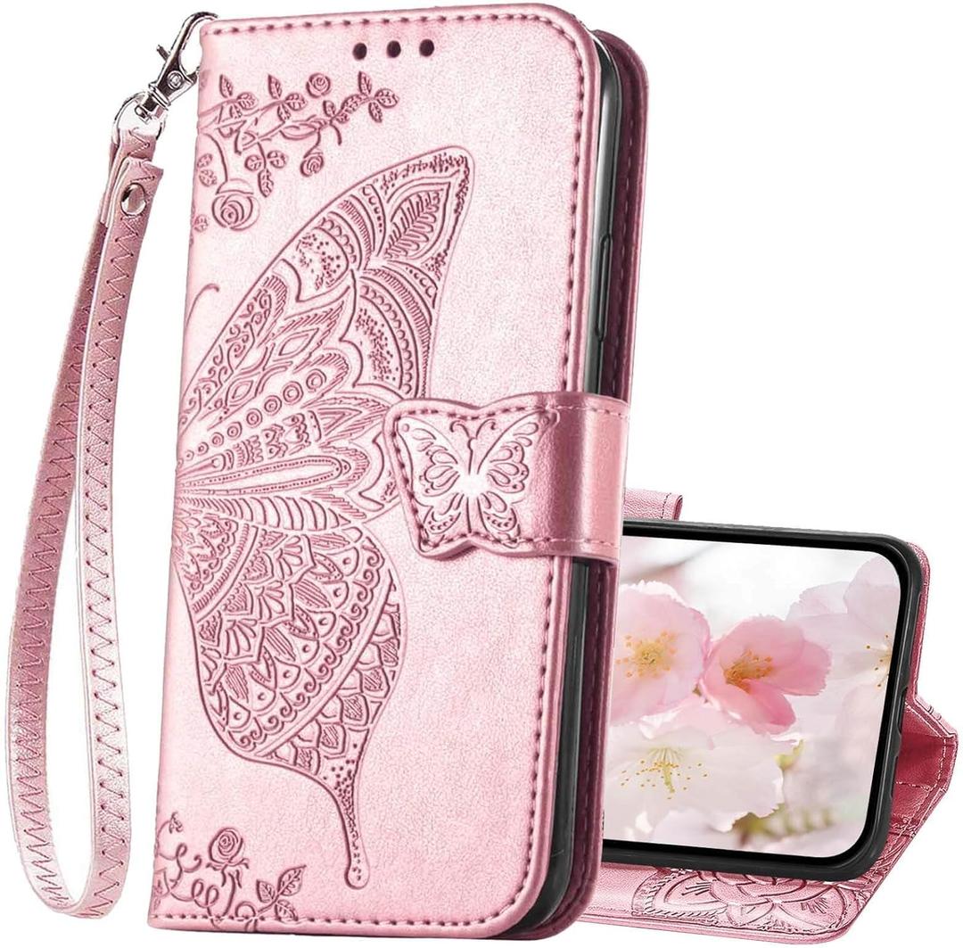 for iPhone 16 Wallet Case for Women,Butterfly Embossed Flip Folio PU Leather Stand Card Holder Slots Phone Protective Cover for iPhone 16 6.1" (Rose Gold)