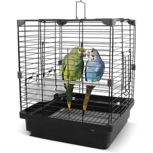 Small Bird Cage for Parakeets, Budgies & Canaries and More Small Birds - Lightweight Travel Birdcage & Bird Carrier with Handle, Stand, Removable Tray, Portable for Hanging, Outdoor Use, Black