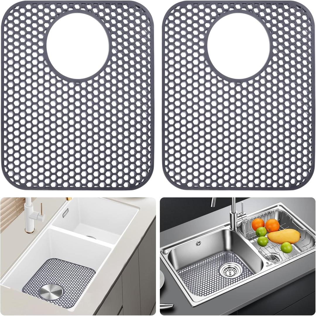 LONGFITE Sink Protector Mats 2 Pcs Silicone Kitchen Sink Mat Draining Heat Proof Mat with Rear Center Drain (Rear Drain)