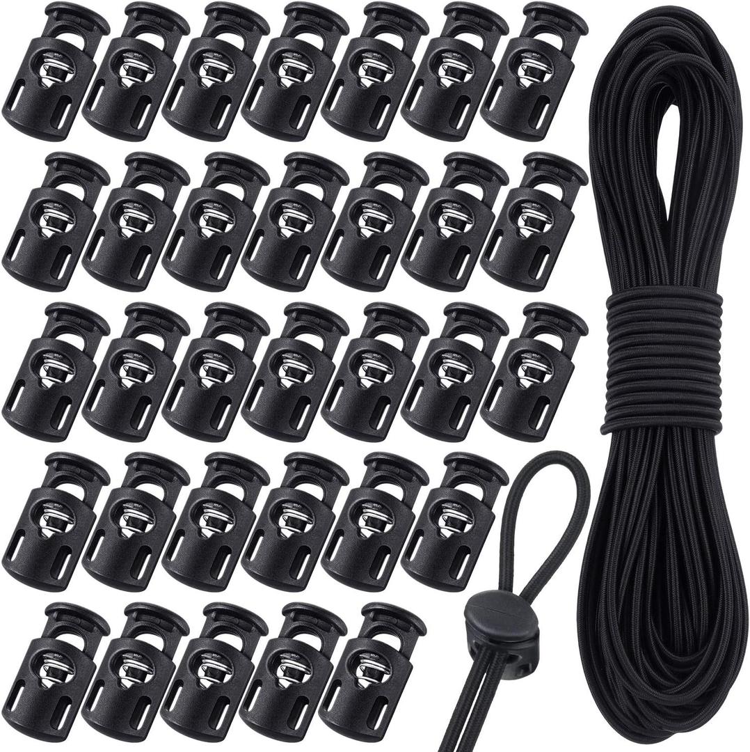 Patelai 50 Pieces Cord Locks Spring Toggles Stoppers Plastic Single Hole End Stopper Slider and 1/8 Inch 66 Feet Elastic Bungee Cord for Drawstring Shoelaces Clothing Bags(Black, Classic Style)