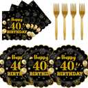 75 PCS 40th Birthday Party Supplies Paper Plates and Napkins,Black and Gold 40th Birthday Plates Napkins Tableware Set for Boys Girls Tableware Set Decorations