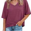 Cicy Bell Womens Summer V Neck T Shirts Casual Short Sleeve Flowy Tops Cute Loose Fit Basic Tees (Medium, Burgundy)