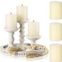 Reallnaive 8 Pcs Farmhouse Wood Candle Holders with Pillar Candles Set Wooden Rustic Candle Holders Round Decorative Serving Tray Bead Garland with Natural Wood Tassels for Table Centerpiece (White)