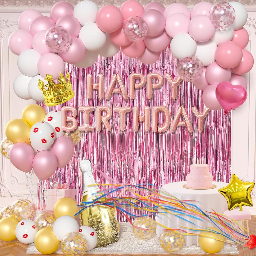 Pink Birthday Party Decorations, Happy Birthday Aluminum Foil Balloons, Foil Star Balloons, Ribbon Foil Curtains, suitable for girls, ladies, princesses' party decorations.(Pink)