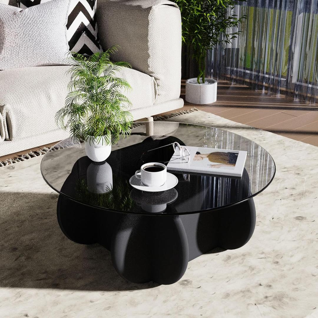 Black Glass Top Coffee Table Modern Elegant Round Coffee Tables with Solid Wood Legs and Tempered Glass Tabletop for Living Room Home Small Space Reception Office Tables 31.5"