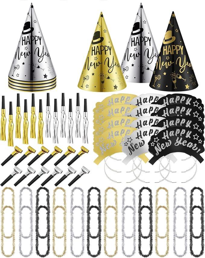 Hanaive 72 Pcs New Years Party Supplies 2026 Eve Party Decorations Midnight Supplies for 24 People Includes Cone Hats, Headband, Squawkers, Blowouts for New Year Gift Eve Night Accessories