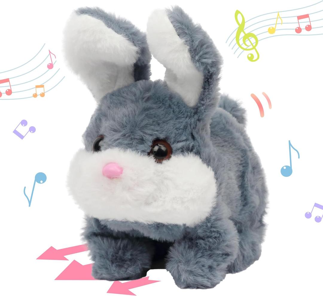 Hopearl Hopping Chubby Rabbit Interactive Electronic Pet Plush Bunny Toy with Sounds and Movements Animated Walking Wiggle Ears Twitch Nose Gift for Toddlers Birthday, Gray, 7''