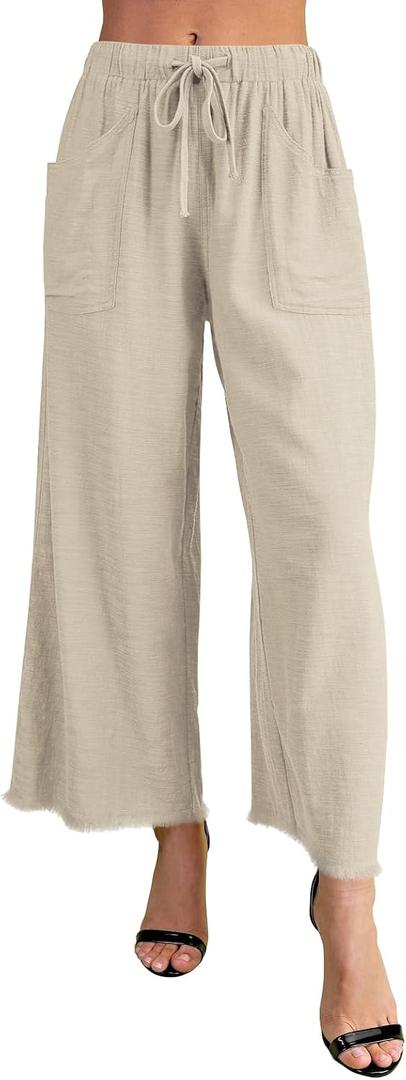 Essrite Womens Causal Wide Leg Pants Drawstring Elastic Waist Frayed Hem Flowy Palazzo Beach Pants Trousers with Pockets