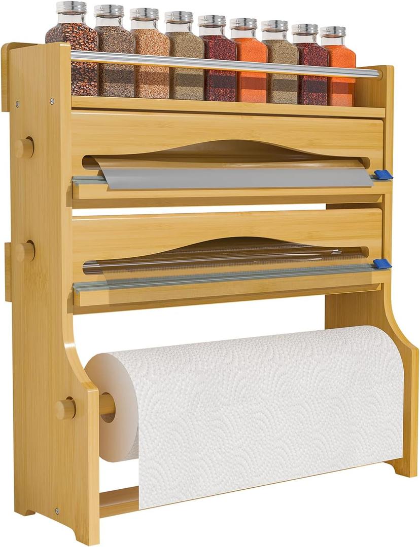 Foil Plastic Wrap Organizer Dispenser  Wall Mounted Bamboo Kitchen Paper Towel Holder with Spice Shelf,4 in 1 12" Roll Dispenser with Cutter