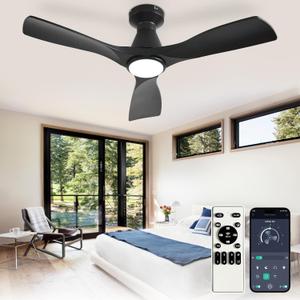 Depuley 42-Inch Ceiling Fans with Lights: Black 3 Blade Flush Mount Low Profile Ceiling Fan for Bedroom - Dimmable Indoor Outdoor Fan with Remote APP Control Ultra Quiet DC Motor Timer