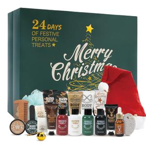 BODY & EARTH 2025 Advent Calendar for Men Christmas Holiday Gifts 24 Days of Countdown Calendar, Advent Beauty Calendar 2025 Adult 24PCS Beard Care Grooming Set Mens with Sandalwood & Cedar Beard Oil (Green)
