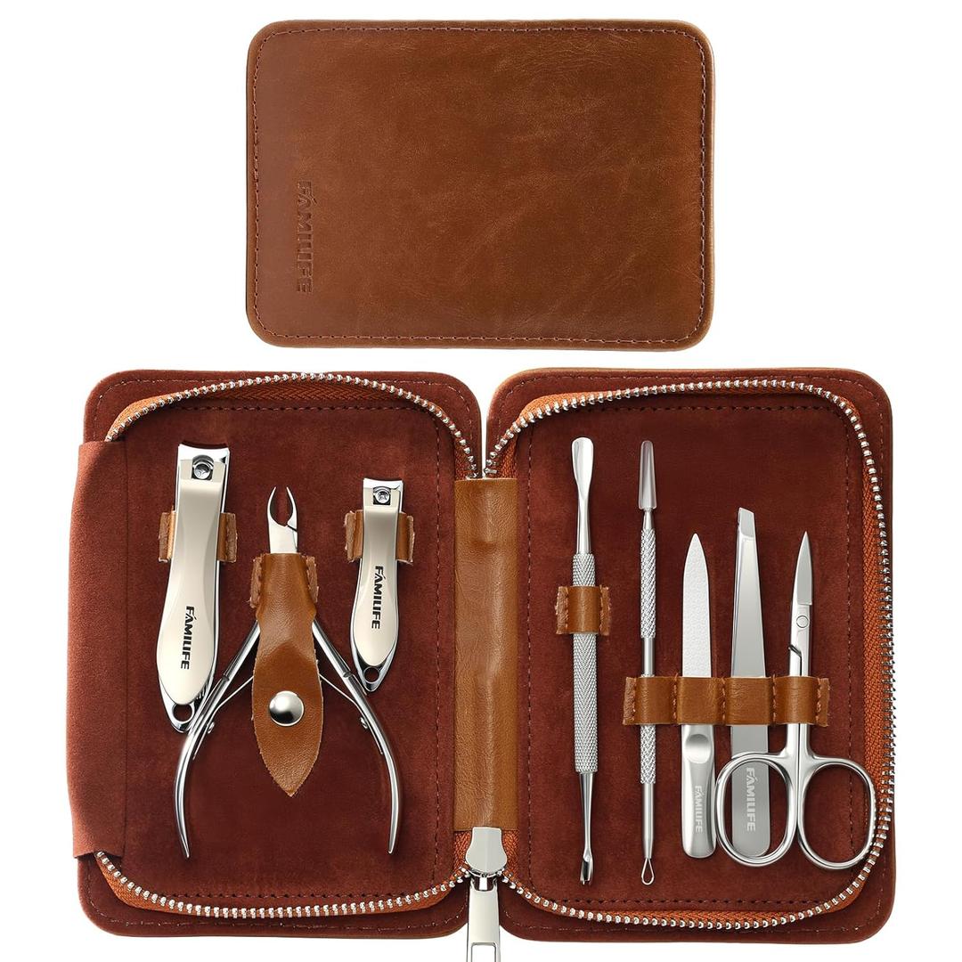 FAMILIFE Manicure Set, Nail Clippers Pedicure Tool, 8 pcs Stainless Steel Manicure Kit Professional Grooming Tool, Nail Kit with Portable Brown Leather Travel Case Luxury Gifts for Men