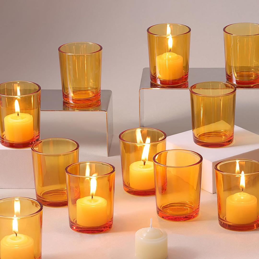LETINE 12pcs Vertical Stripe Glass Candlestick Holders & Amber Votive Candle Holders