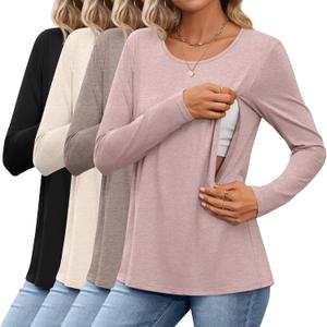 Oakgarden 4 Pack Women's Cotton Nursing Tops Breastfeeding Maternity Hidden Zippers Crew Neck Long Sleeve Pregnancy Shirts (X-Large, Gray Rose, Taupe, Beige, Black)