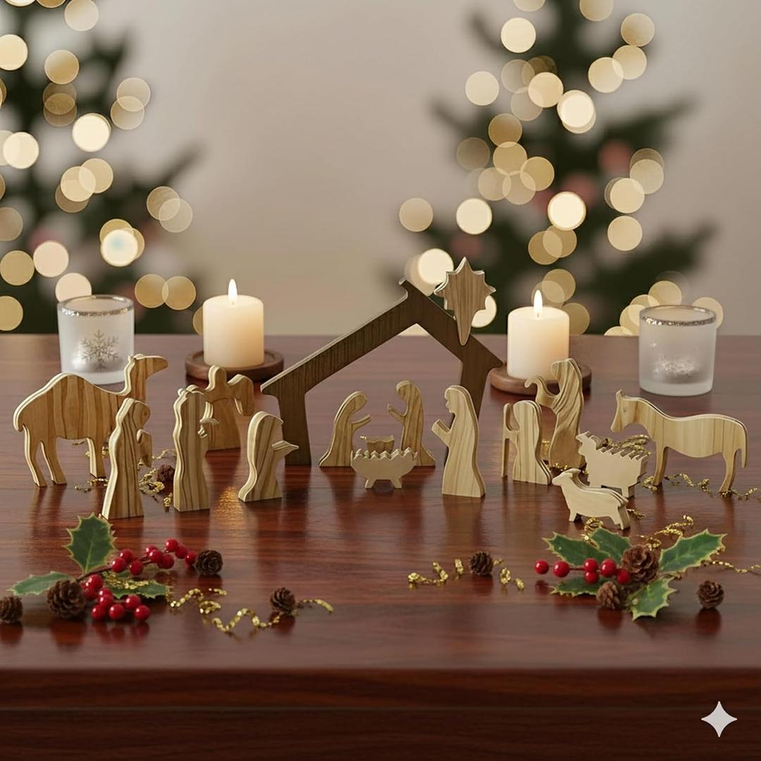Nativity Set, Christian Christmas Decorations, 15-Piece Wooden Nativity Scene with Stable & Figures, Small Handmade Wood Set for Indoor Holiday Decor, Religious Catholic Gift, Christian Decor Display