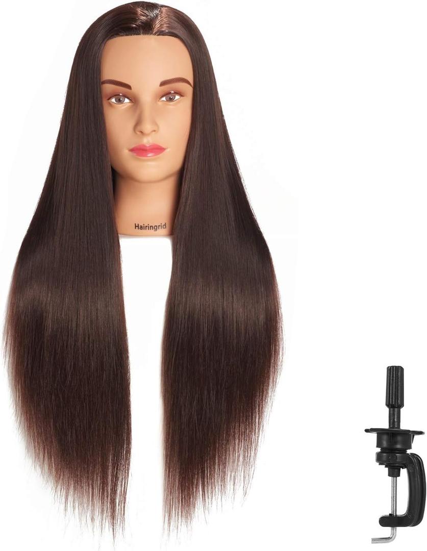 Hairingrid 26"-28" Mannequin Head for Hair Styling Training - Manikin Cosmetology Doll With Synthetic Fiber Hair and Free Clamp Holder (Brown)