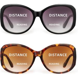 JM 2 Pack Bifocal Reading Sunglasses for Women Fashion Oversized Square Sun Readers Outdoor Reading Glasses UV400 Protection, Black & Brown +2.0