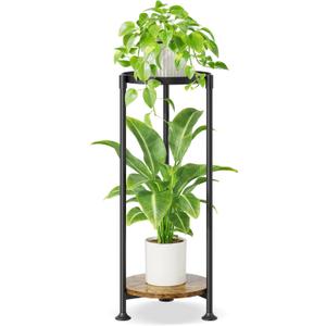 iDavosic.ly 2 Tier Corner Plant Stand Indoor, 30 Inch Tall Vertical Metal Flower Heavy Duty Pot Holder Shelf Outdoor for Patio Porch Living Room, Modern Black & Rustic Brown - Round