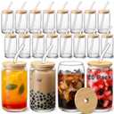 VITEVER [ 20pcs Set ] Glass Cups with Bamboo Lids and Glass Straw - Beer Shaped 16 oz Iced Coffee Drinking Glasses, Cute Tumbler Cup for Smoothie, Boba Tea, Whiskey, Water
