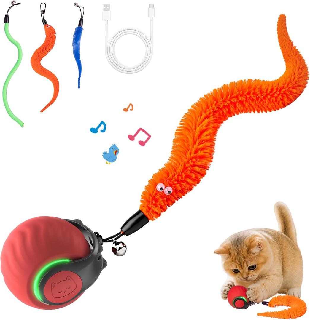 Geamen Interactive Cat Toys with Bird Sounds & 3 Speed Modes, Rechargeable Automatic Moving Cat Toy with 3 Tails, Fast Charging Smart Rolling Ball for Indoor Cats to Chase Play on Hard Floor Carpet