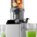 Cold Press Juicer, Juicer Machines with 4.35'' Wide Feed Chute, Stainless Steel Slow Masticating Juicers Easy to Clean, Vegetables & Fruits Juice Extractor, High Juice Yield, Gray Knob