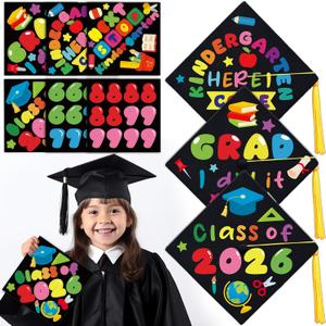 Qyeahkj 26 Pcs Graduation Hat DIY Stickers for Pre-K Kids Grad Caps Topper Decoration Colorful Self-Adhesive Sticker Art Crafts for Summer Kindergarten Preschool 2026 Graduation Party Supplies Favor