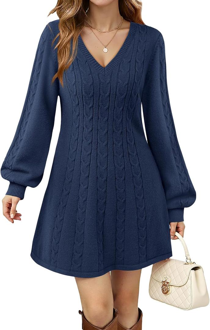 VAFOLY Womens V Neck Long Sleeve Cable Knit Fall Dresses Elegant Babydoll Sweater Dress (X-Large, Dark Blue)
